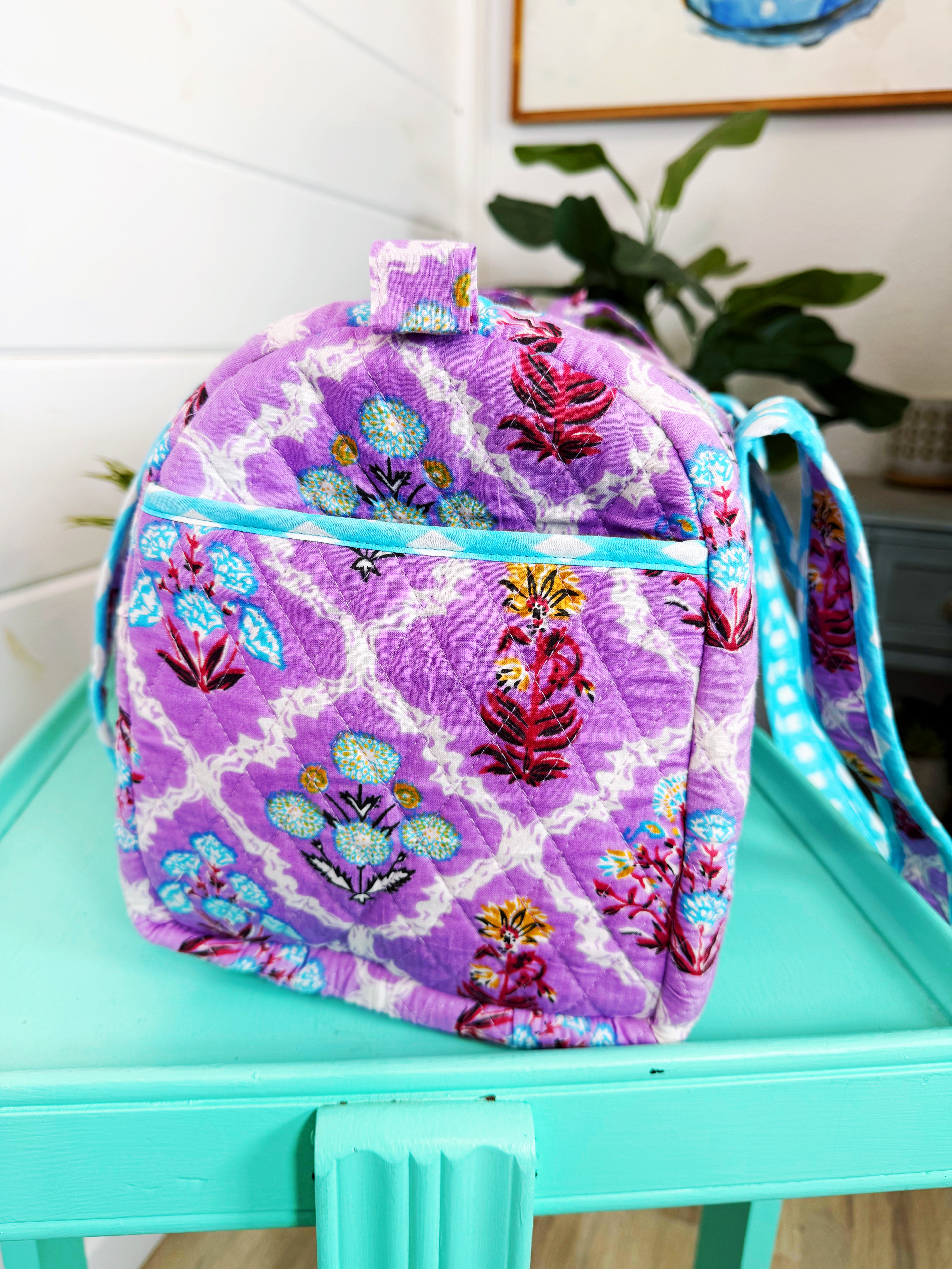 Quilted Mini Duffle Bag - Purple Wildflower Print