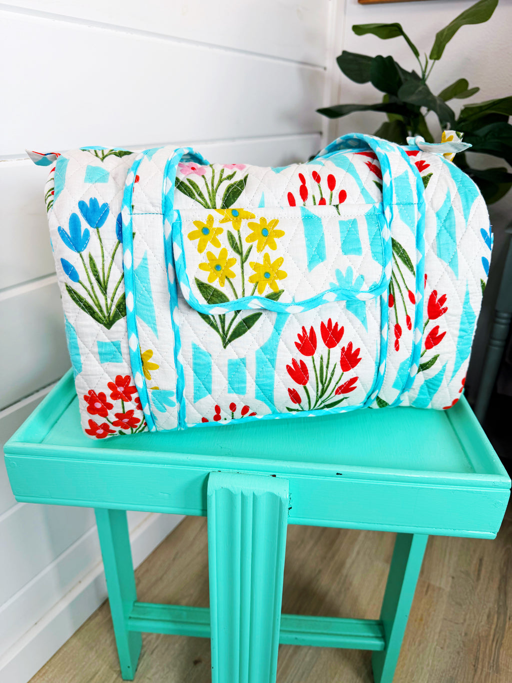 Quilted Mini Duffle Bag - Aqua Garden Party Print