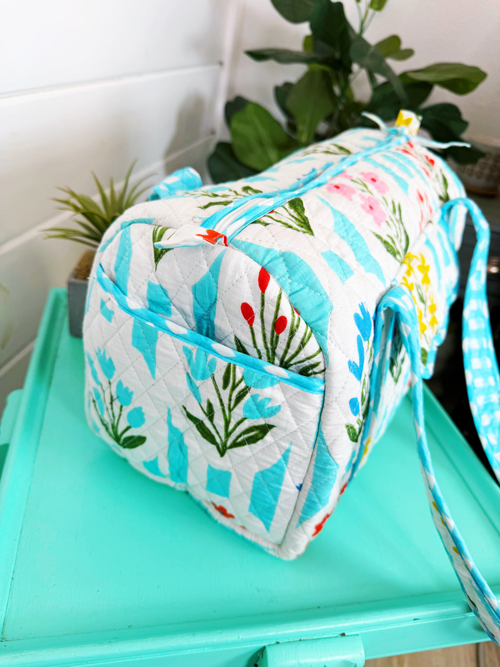 Quilted Mini Duffle Bag - Aqua Garden Party Print