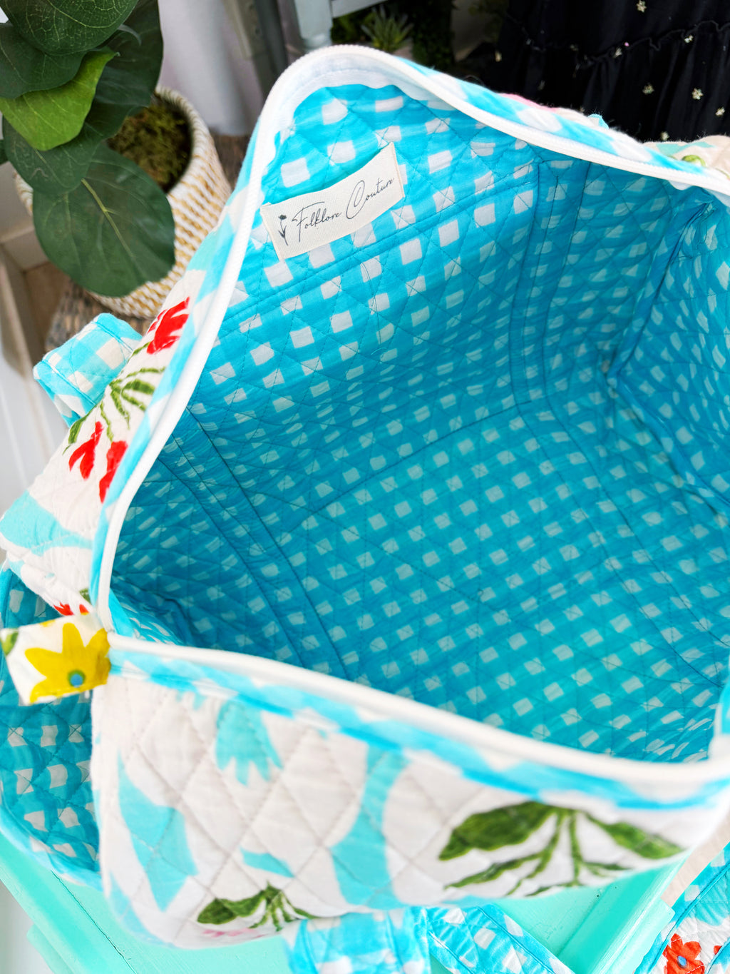 Quilted Mini Duffle Bag - Aqua Garden Party Print