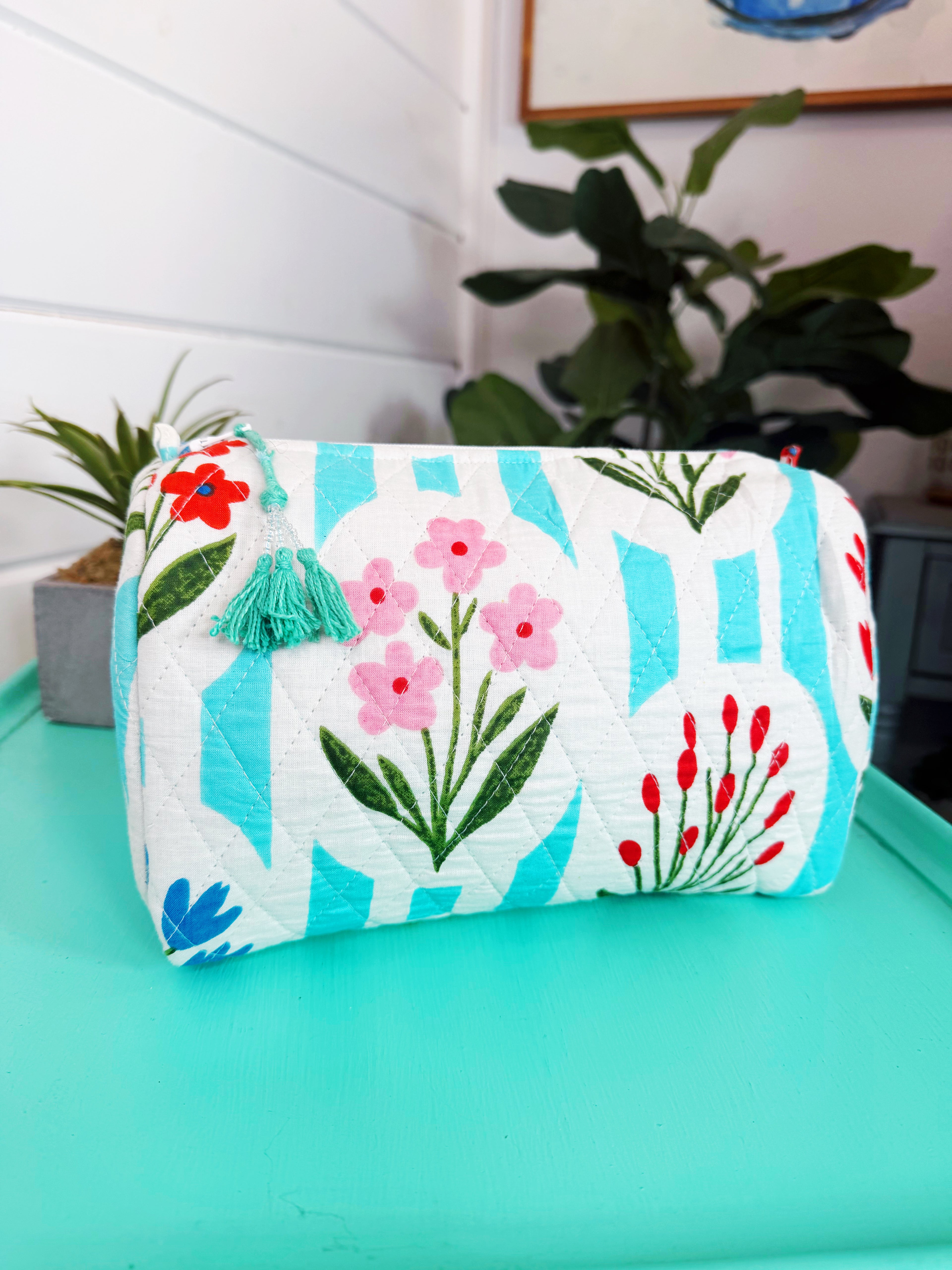 Quilted Makeup Cosmetics Toiletry Bag - Aqua Garden Party Print