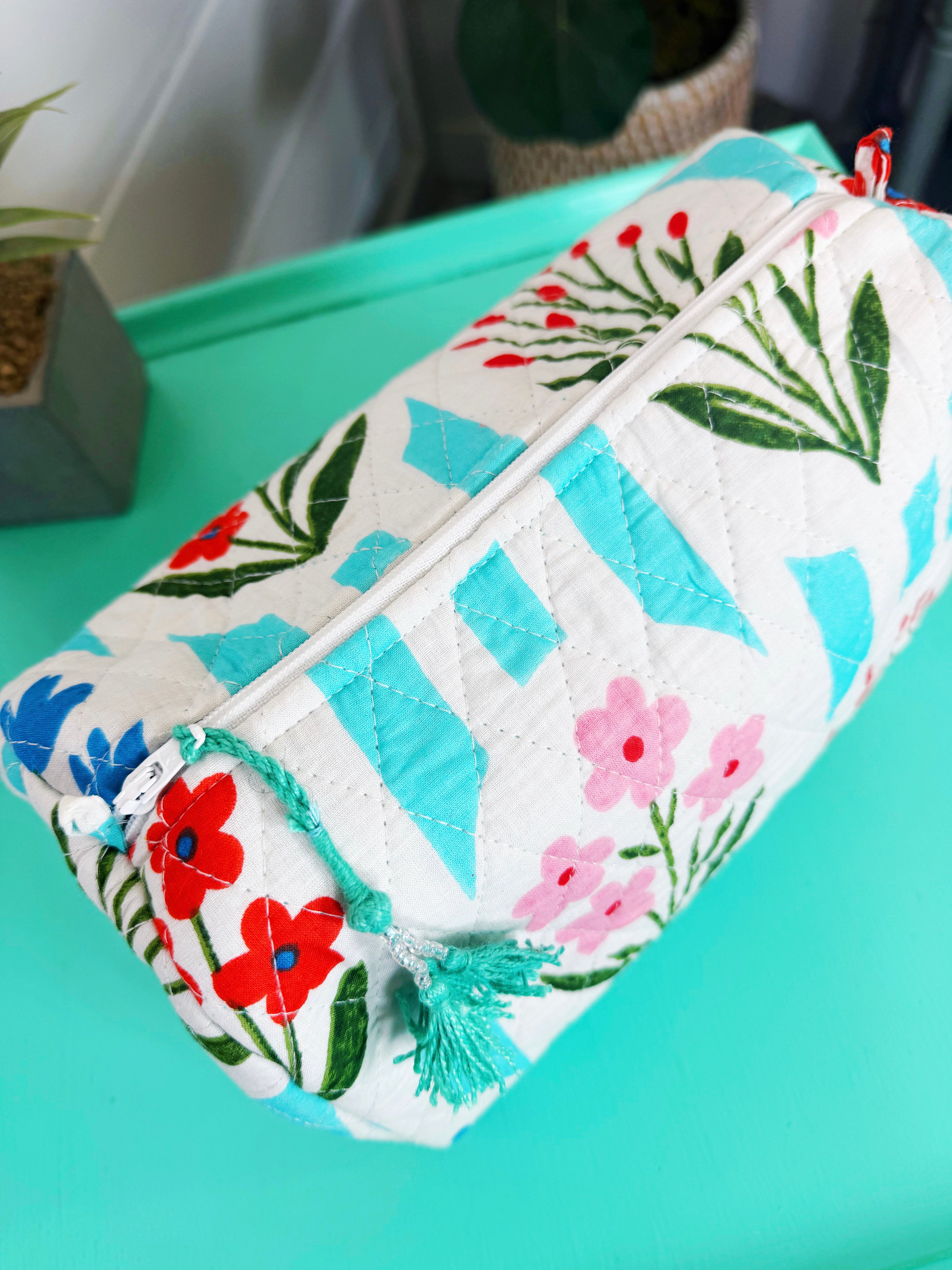Quilted Makeup Cosmetics Toiletry Bag - Aqua Garden Party Print