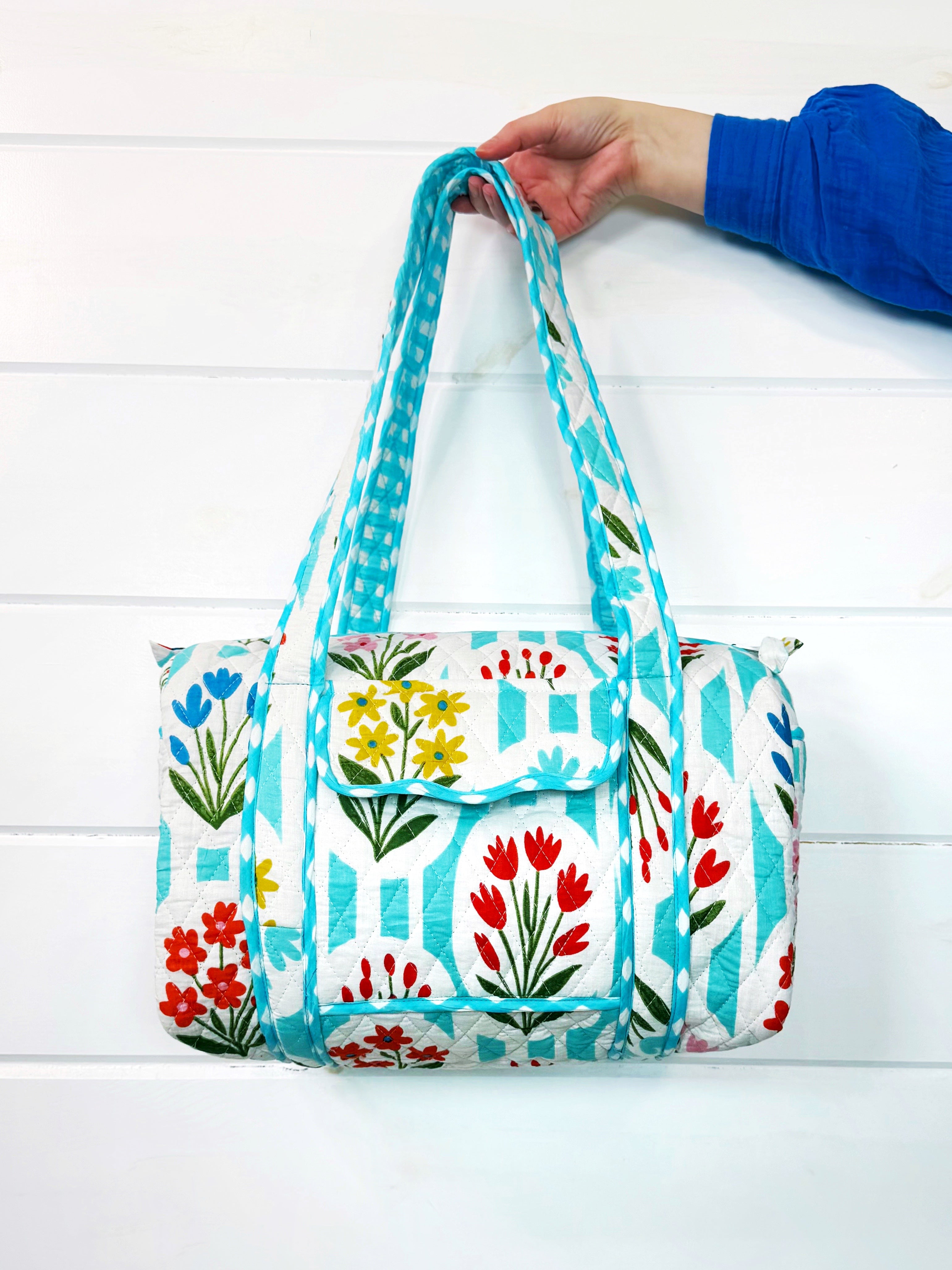 Quilted Mini Duffle Bag - Aqua Garden Party Print