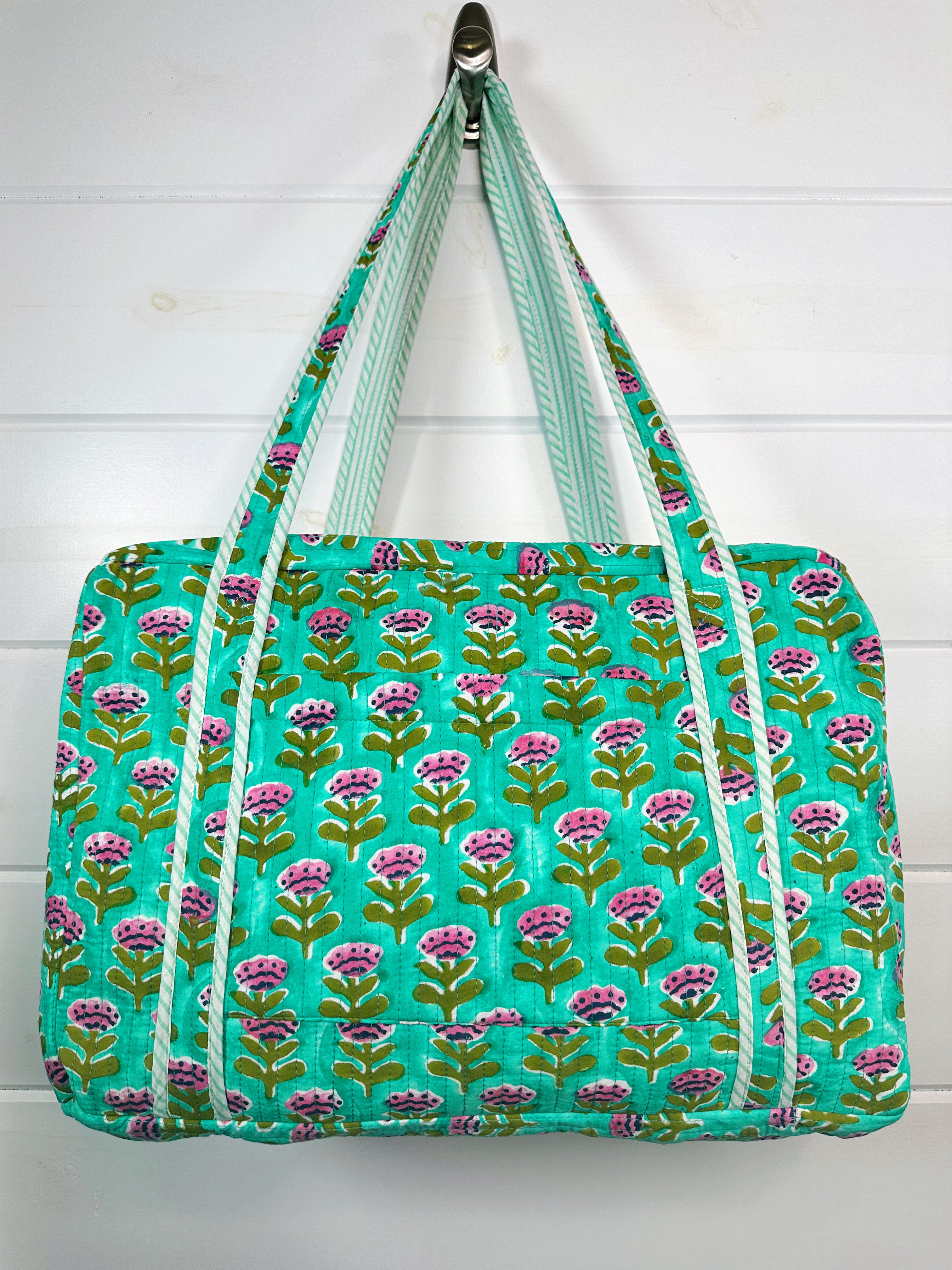 Aqua Floral Print Quilted Weekender Overnight Bag