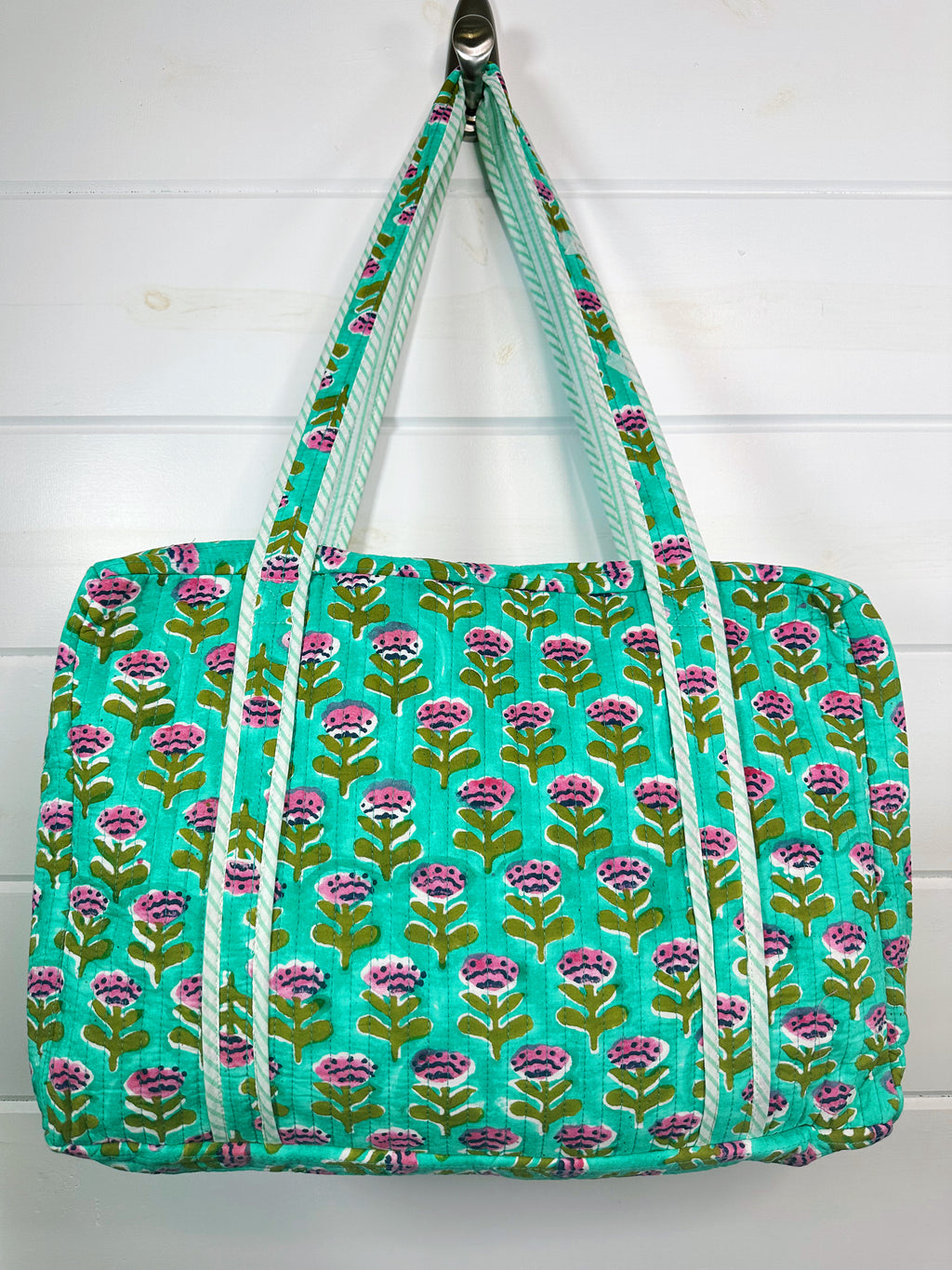 Aqua Floral Print Quilted Weekender Overnight Bag