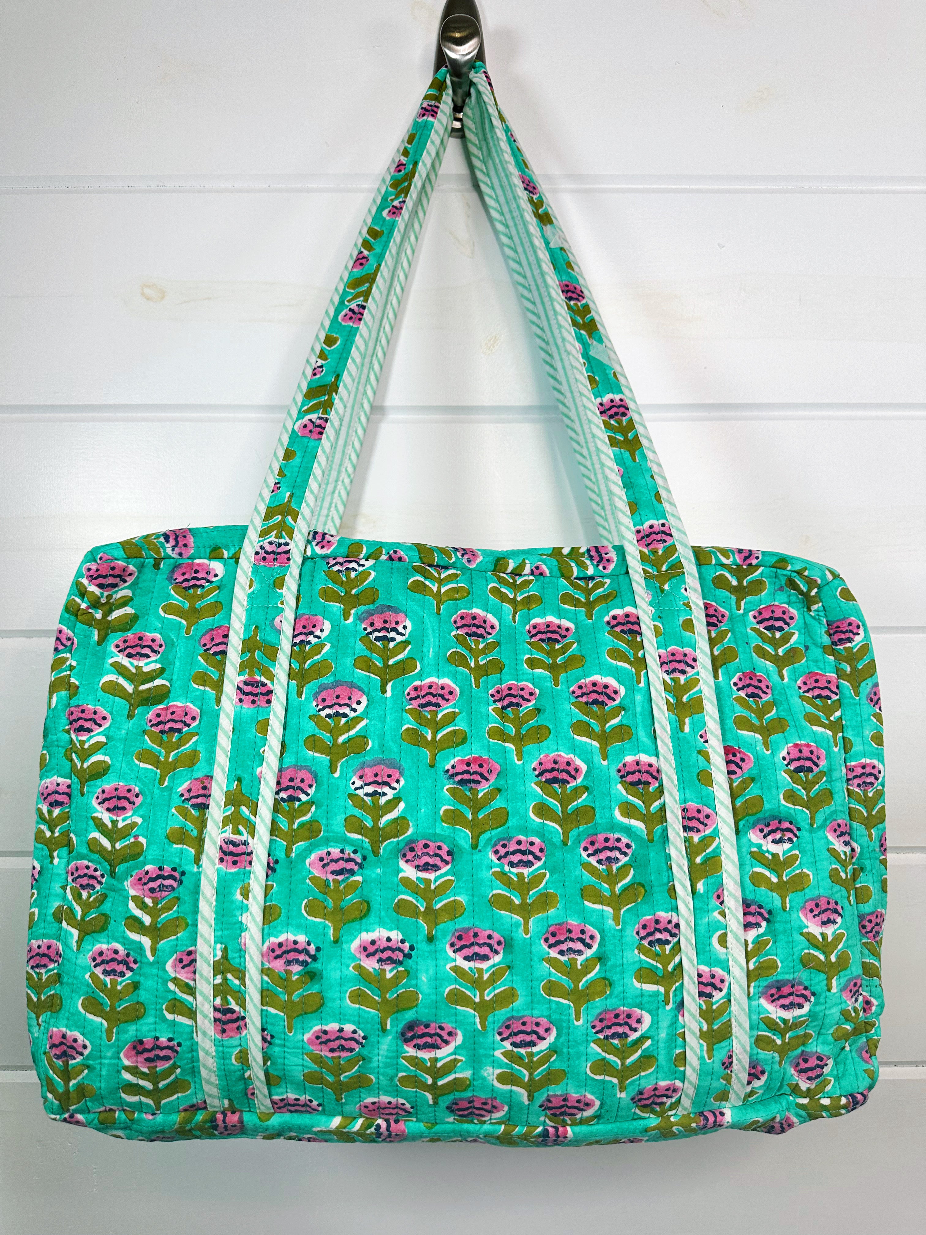 Aqua Floral Print Quilted Weekender Overnight Bag