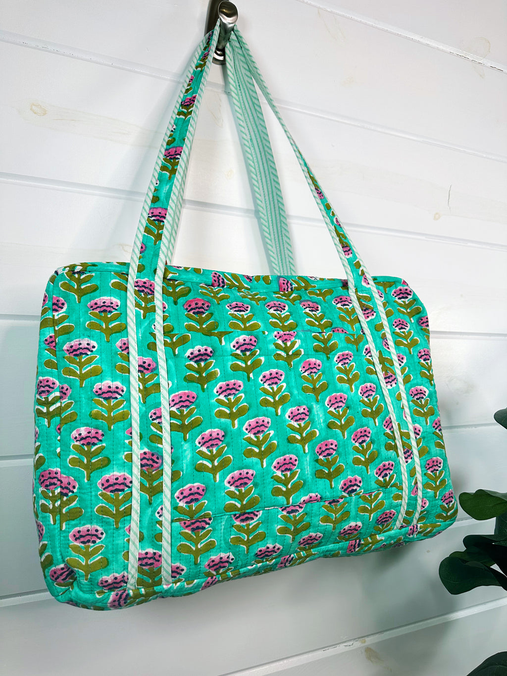 Aqua Floral Print Quilted Weekender Overnight Bag