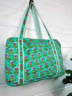 Aqua Floral Print Quilted Weekender Overnight Bag