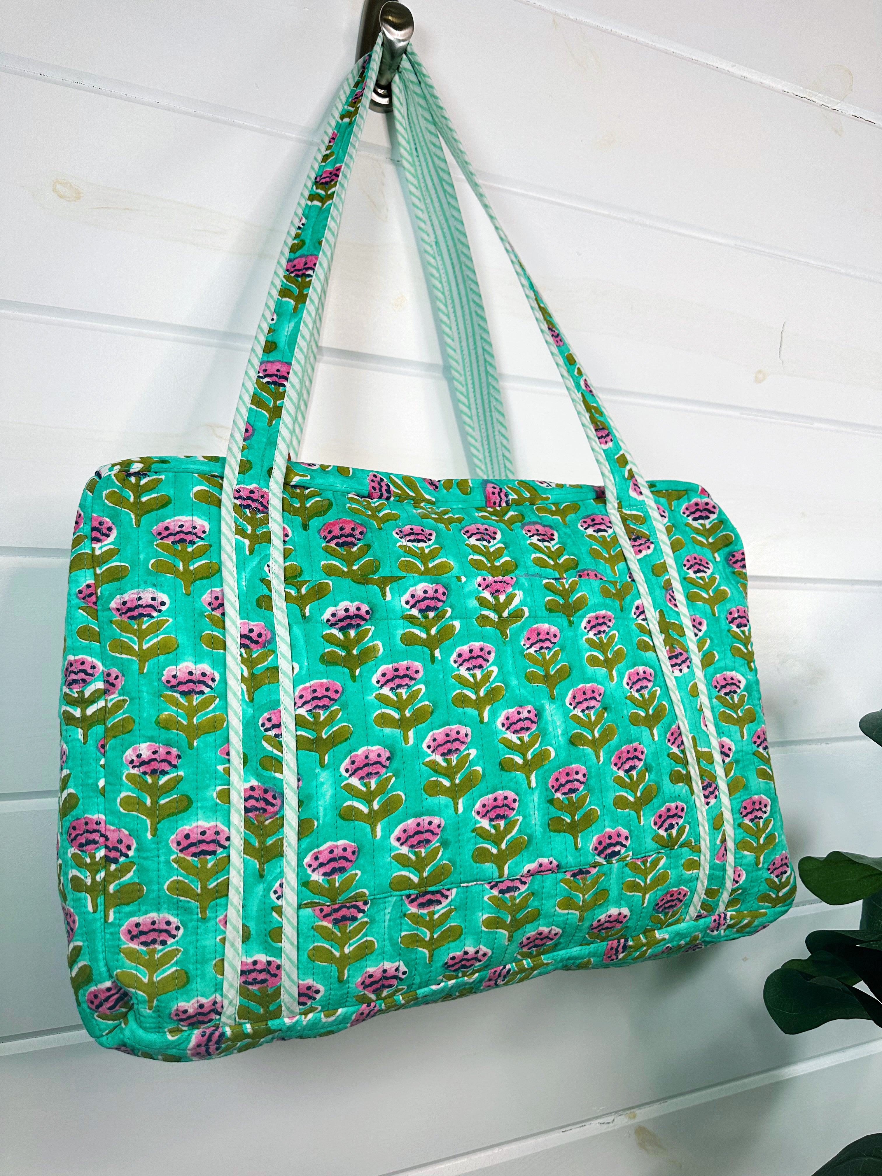 Aqua Floral Print Quilted Weekender Overnight Bag