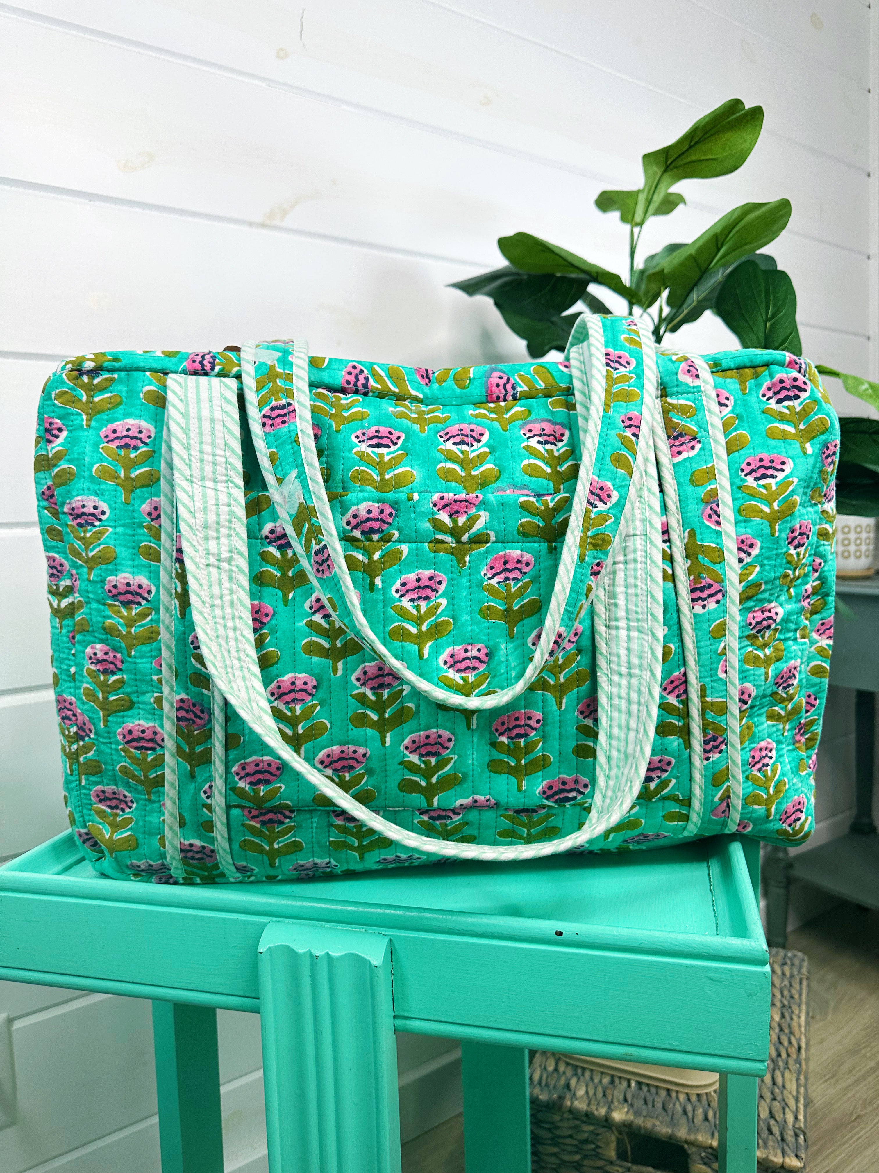 Aqua Floral Print Quilted Weekender Overnight Bag