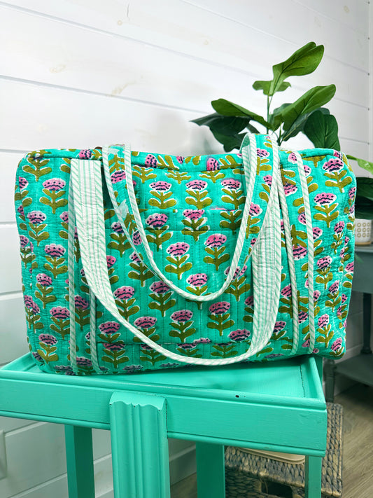 Aqua Floral Print Quilted Weekender Overnight Bag
