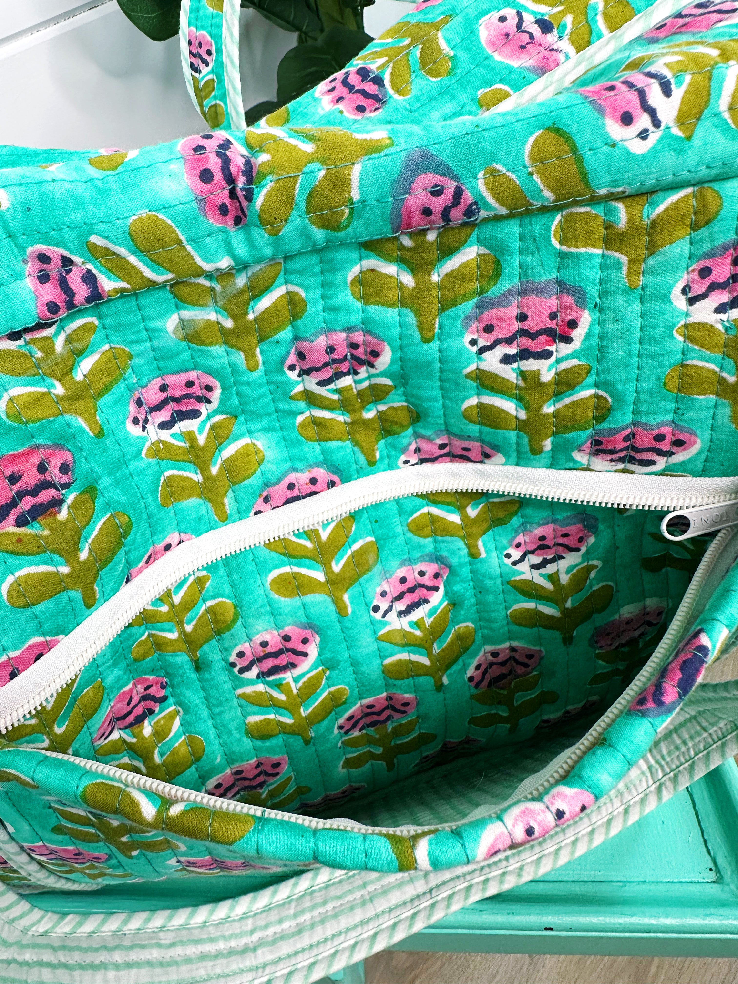 Aqua Floral Print Quilted Weekender Overnight Bag