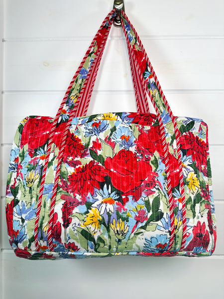 Red Floral Print Quilted Weekender Overnight Bag