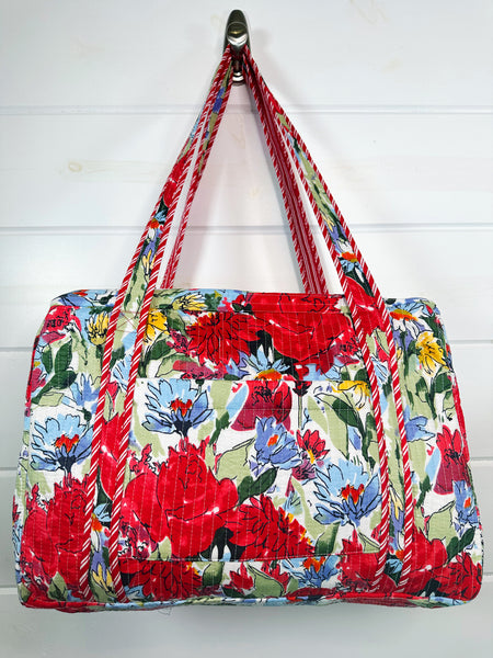 Red Floral Print Quilted Weekender Overnight Bag