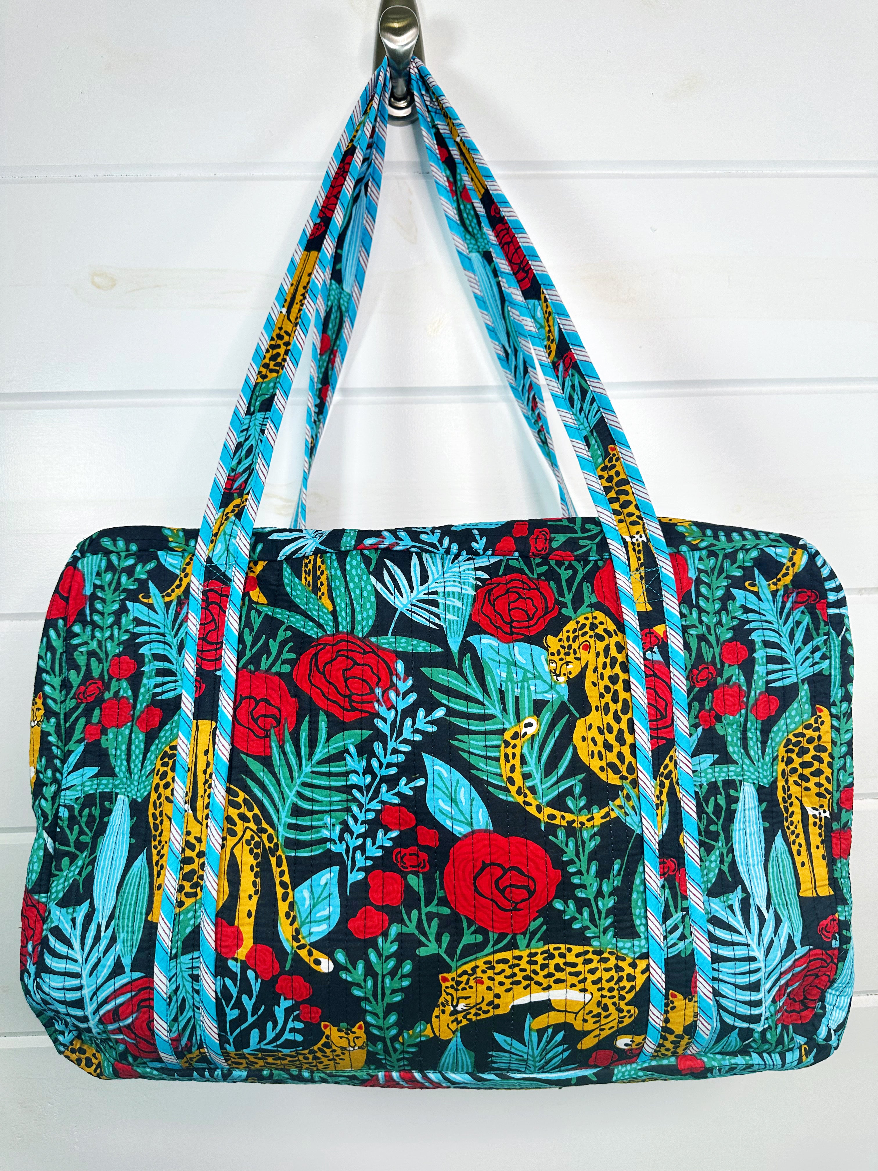 Jaguars and Roses Print Quilted Weekender Overnight Bag