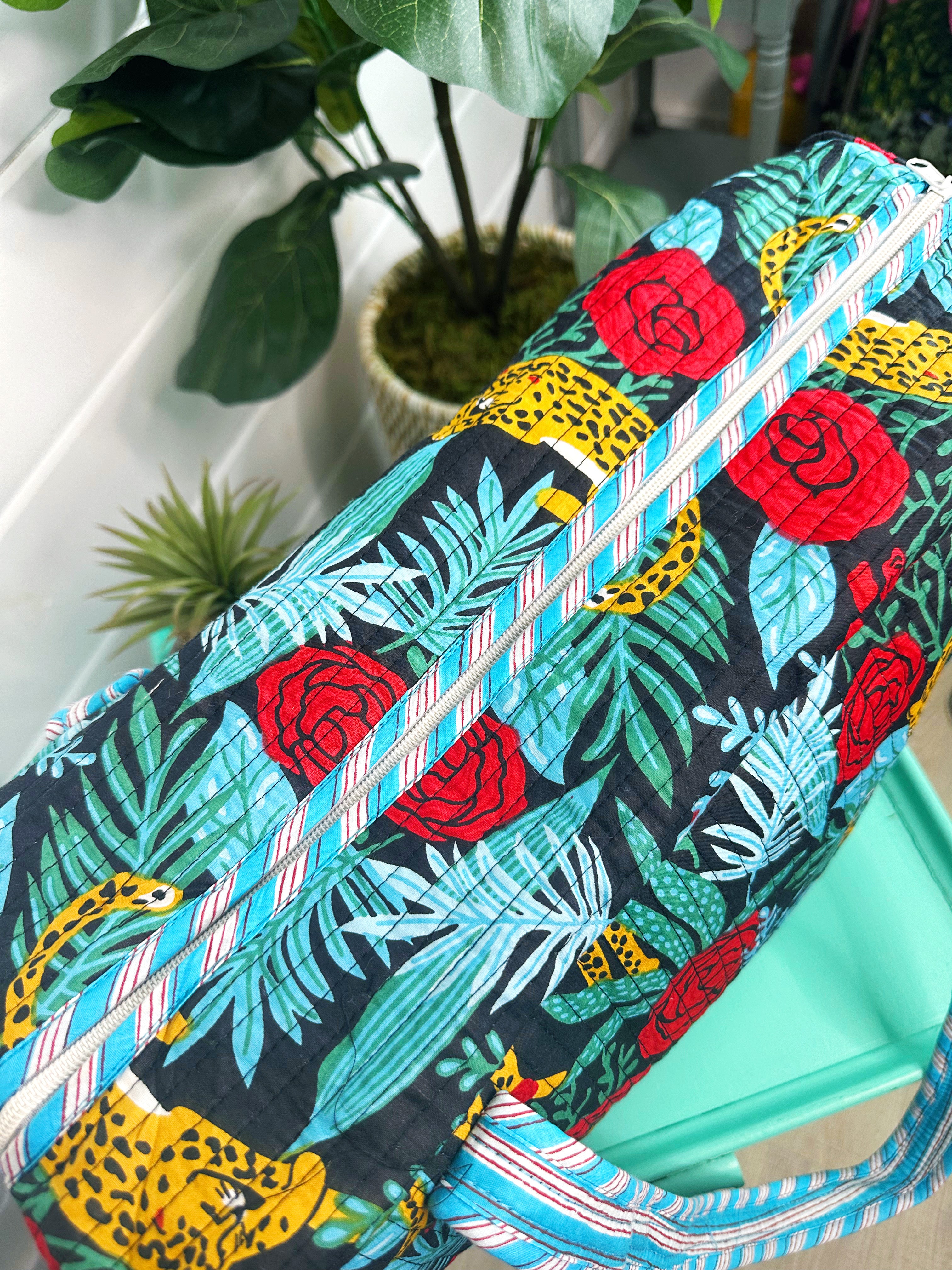 Jaguars and Roses Print Quilted Weekender Overnight Bag