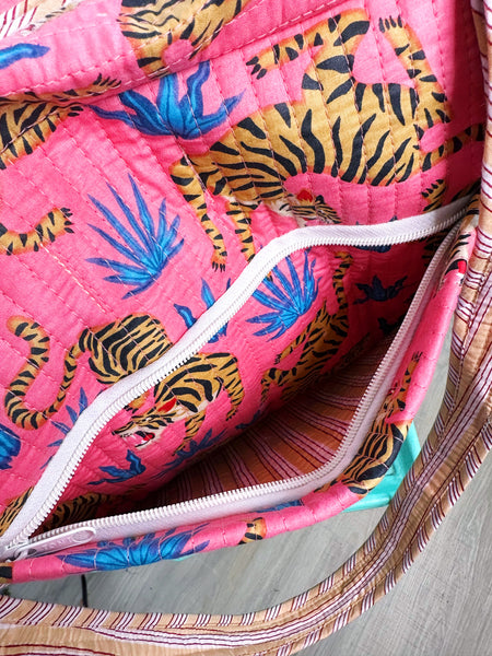 Rose Pink Tiger Print Quilted Weekender Overnight Bag