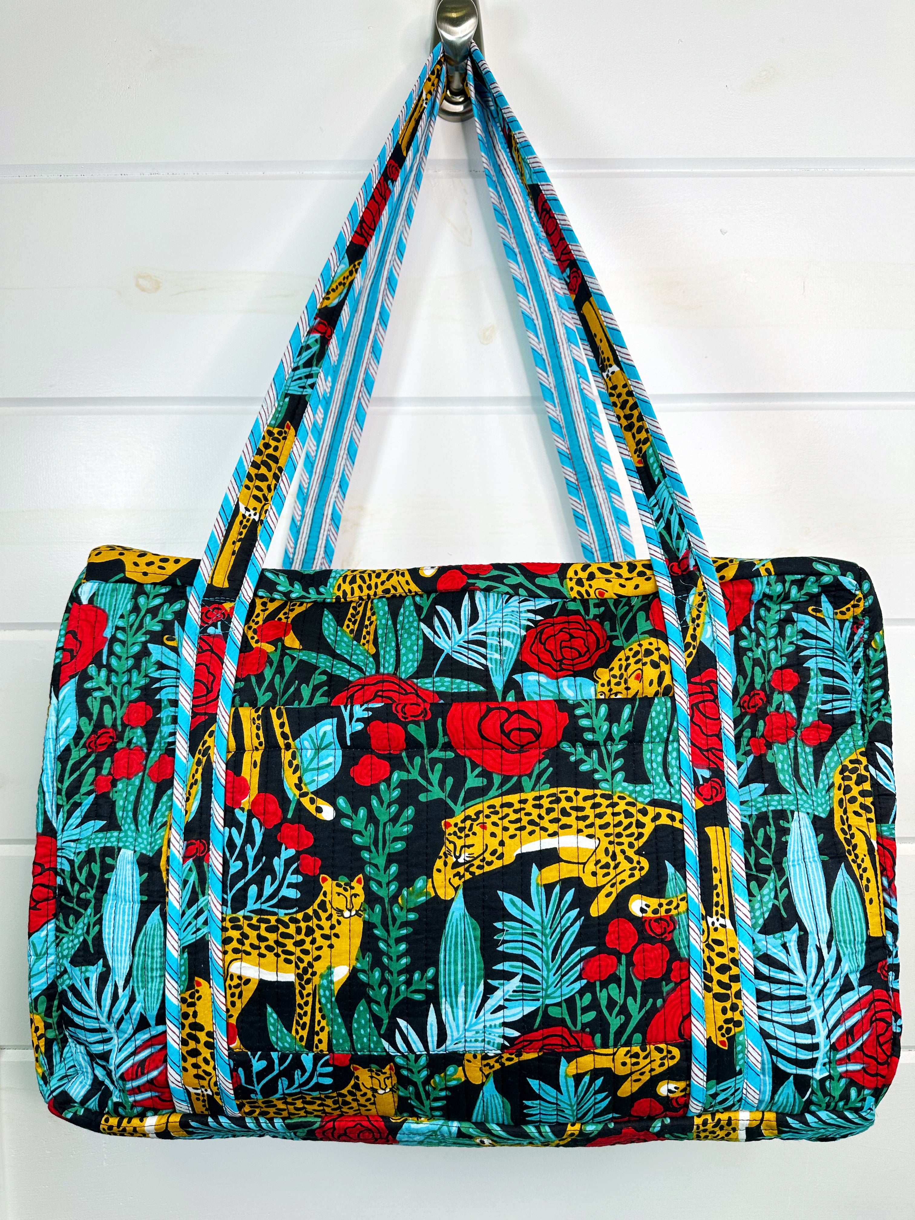 Jaguars and Roses Print Quilted Weekender Overnight Bag