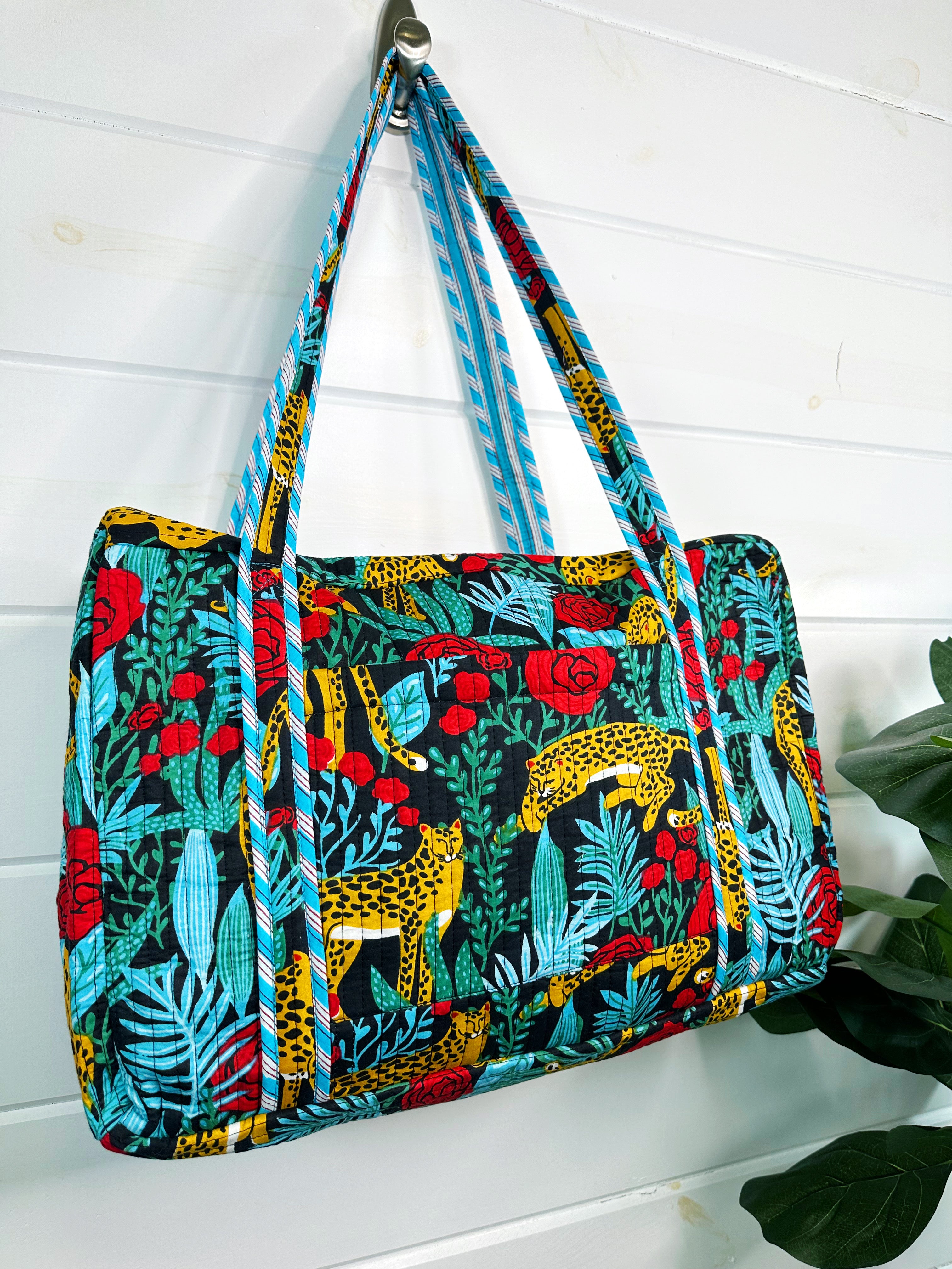 Jaguars and Roses Print Quilted Weekender Overnight Bag