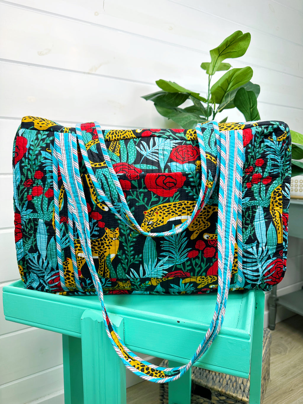 Jaguars and Roses Print Quilted Weekender Overnight Bag