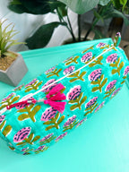Aqua Watercolor Floral Print Quilted Makeup Cosmetics Toiletry Bag