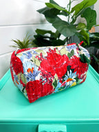 Red Floral Print Quilted Makeup Cosmetics Toiletry Bag