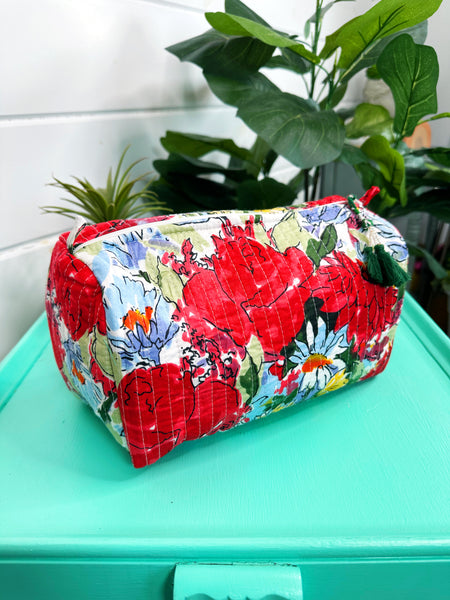 Red Floral Print Quilted Makeup Cosmetics Toiletry Bag