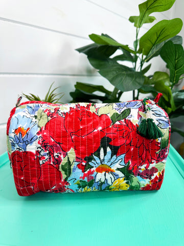 Red Floral Print Quilted Makeup Cosmetics Toiletry Bag