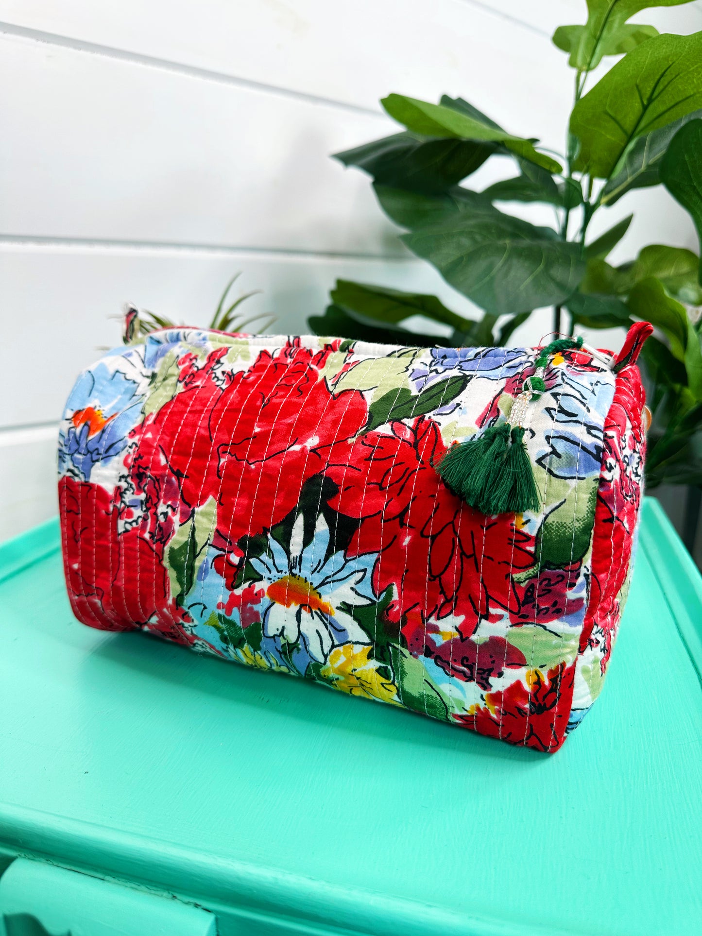 Red Floral Print Quilted Makeup Cosmetics Toiletry Bag