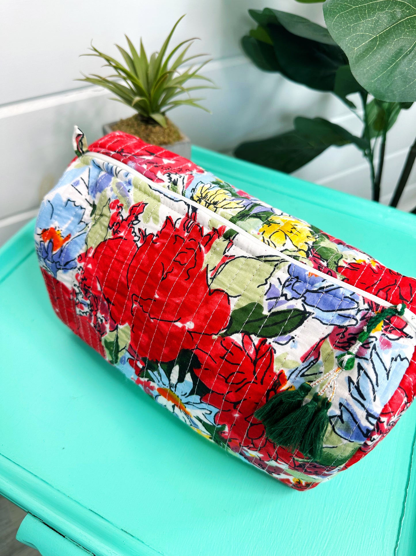 Red Floral Print Quilted Makeup Cosmetics Toiletry Bag