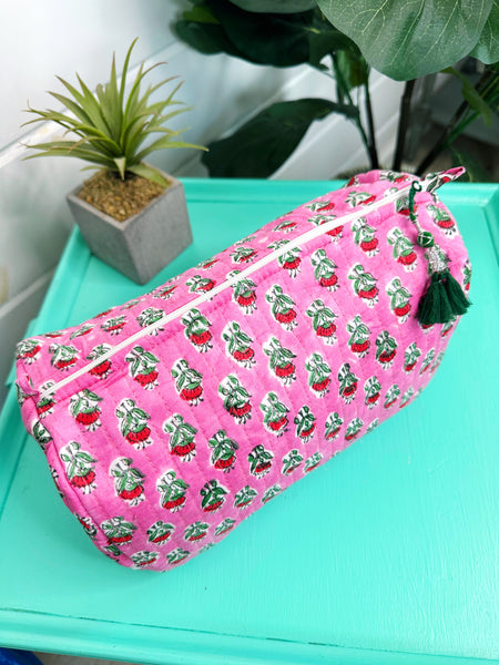 Pink Watercolor Floral Print Quilted Makeup Cosmetics Toiletry Bag