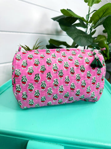 Pink Watercolor Floral Print Quilted Makeup Cosmetics Toiletry Bag