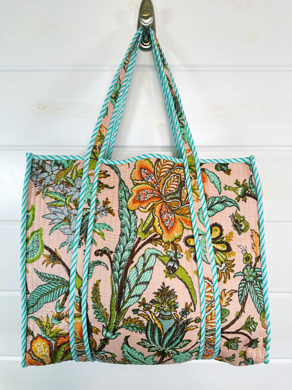 Peach Botanical Quilted Cotton Tote Bag