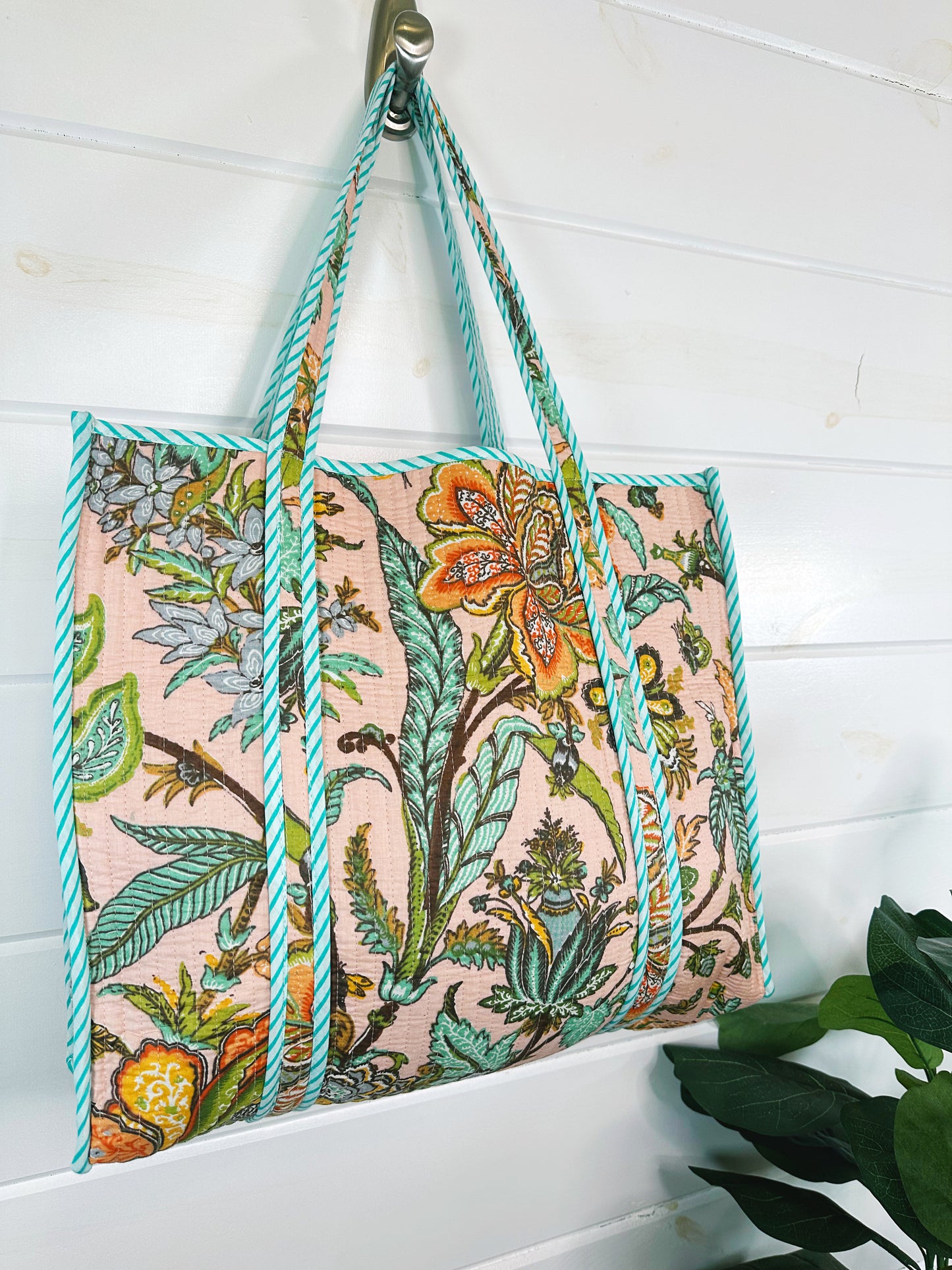 Peach Botanical Quilted Cotton Tote Bag