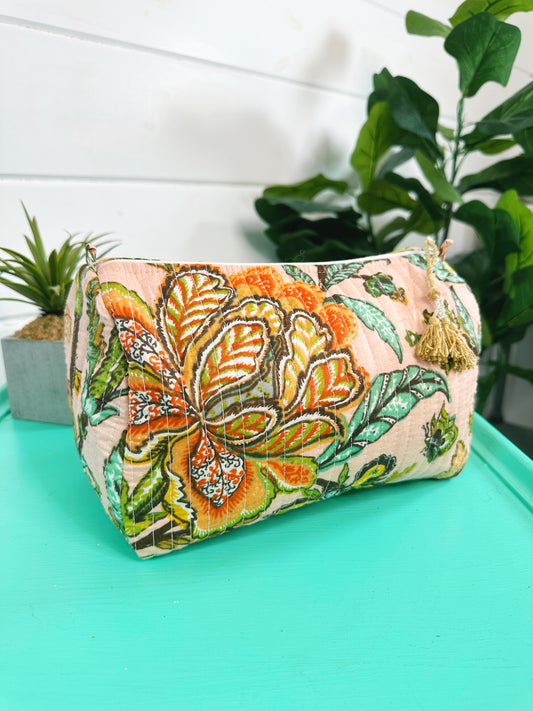 Peach Botanical Quilted Makeup Cosmetics Toiletry Bag