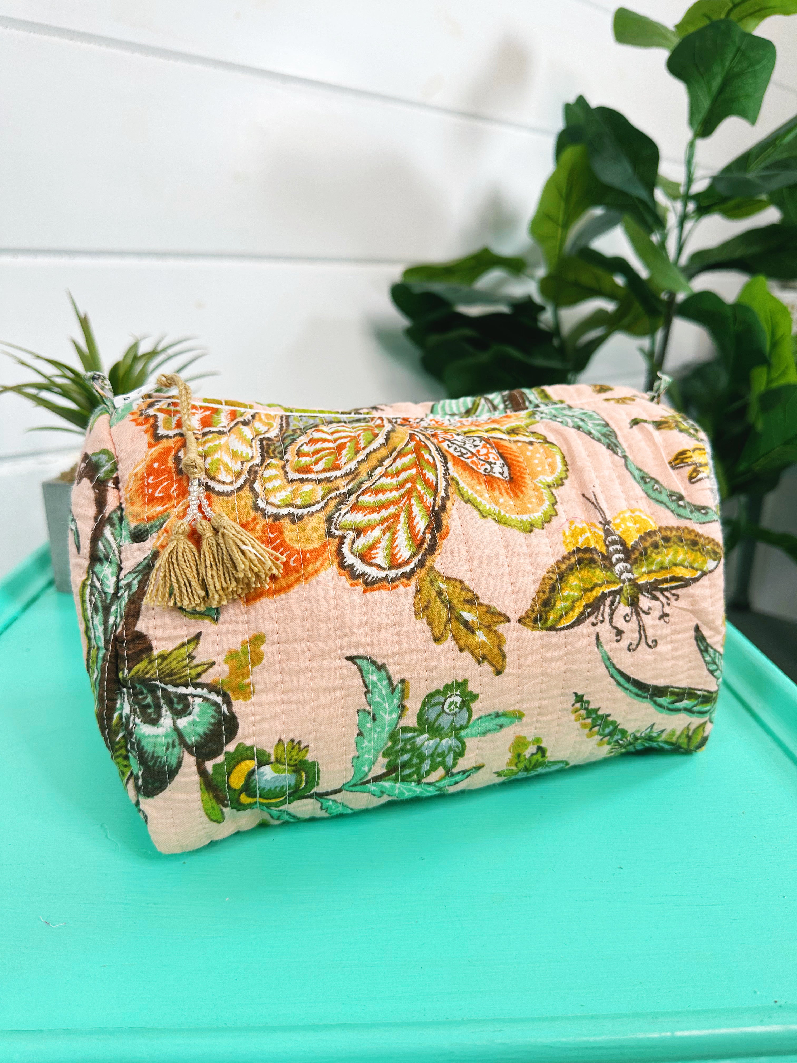 Peach Botanical Quilted Makeup Cosmetics Toiletry Bag