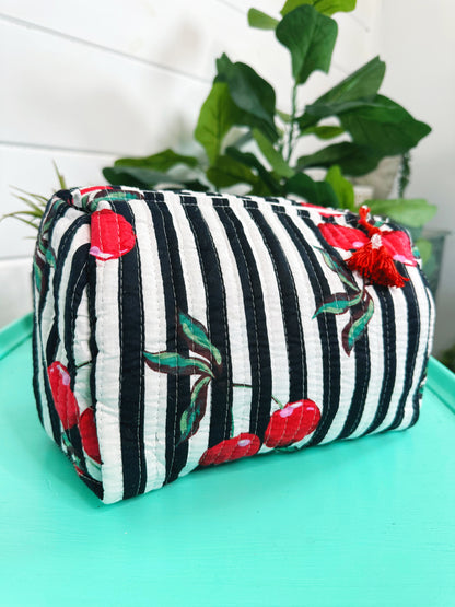 Black Cherry Print Quilted Makeup Travel Cosmetics Toiletry Bag