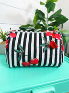 Black Cherry Print Quilted Makeup Travel Cosmetics Toiletry Bag