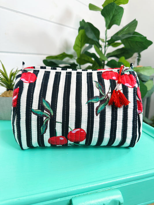 Black Cherry Print Quilted Makeup Travel Cosmetics Toiletry Bag