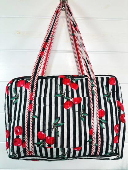 Black Cherry Print Quilted Weekender Overnight Bag