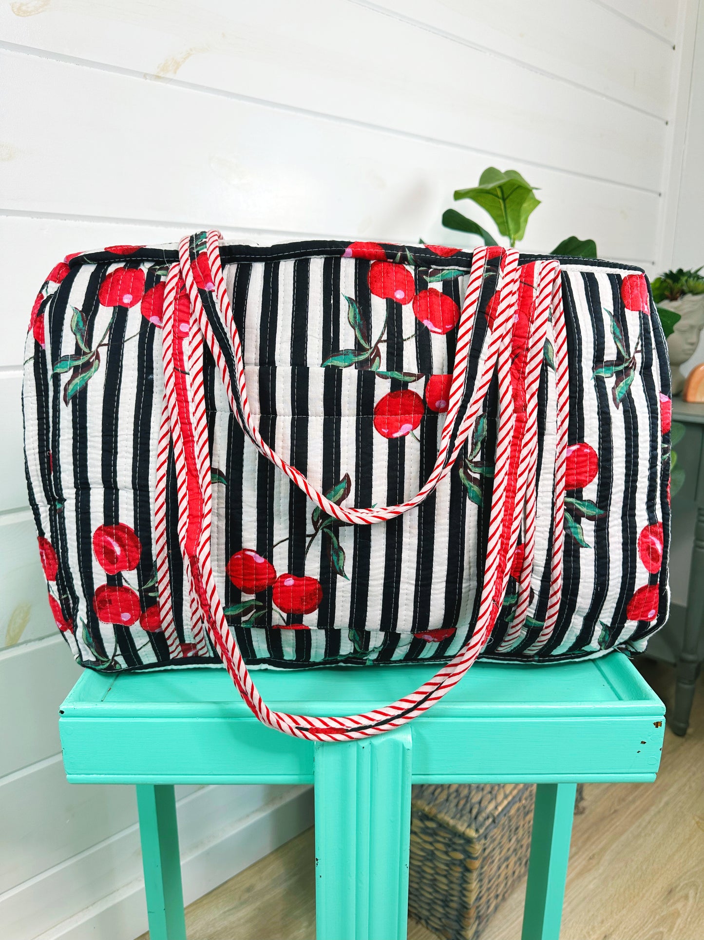 Black Cherry Print Quilted Weekender Overnight Bag