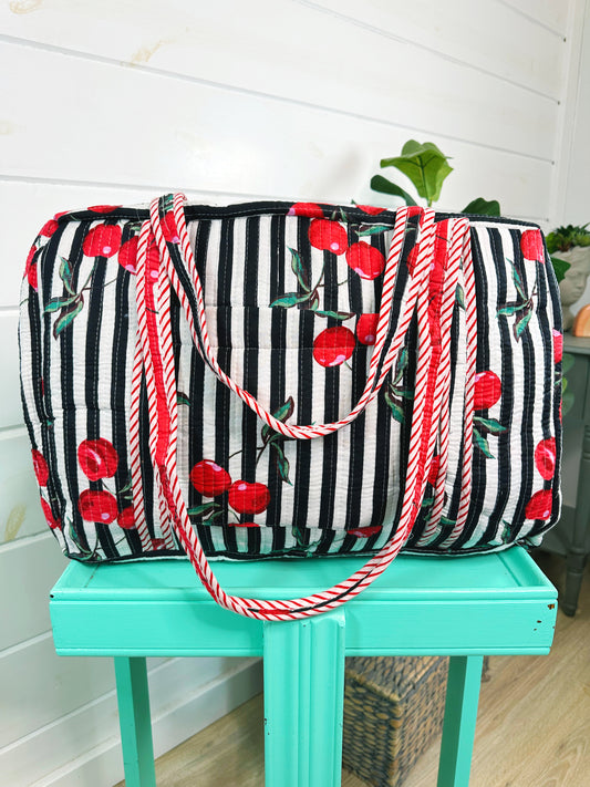Black Cherry Print Quilted Weekender Overnight Bag
