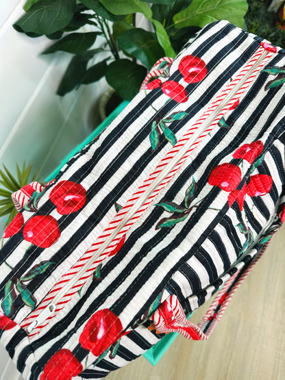 Black Cherry Print Quilted Weekender Overnight Bag
