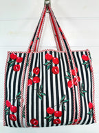 Black Cherry Print Cotton Quilted Large Shopping Tote Bag