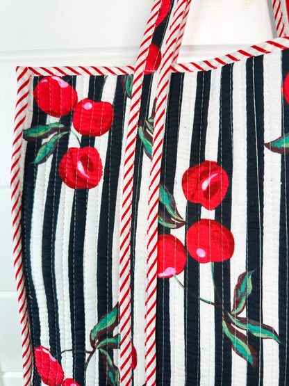 Black Cherry Print Cotton Quilted Large Shopping Tote Bag