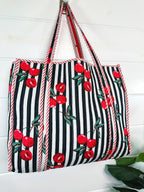 Black Cherry Print Cotton Quilted Large Shopping Tote Bag