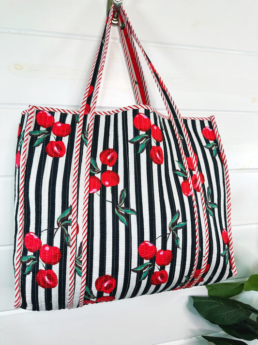Black Cherry Print Cotton Quilted Large Shopping Tote Bag