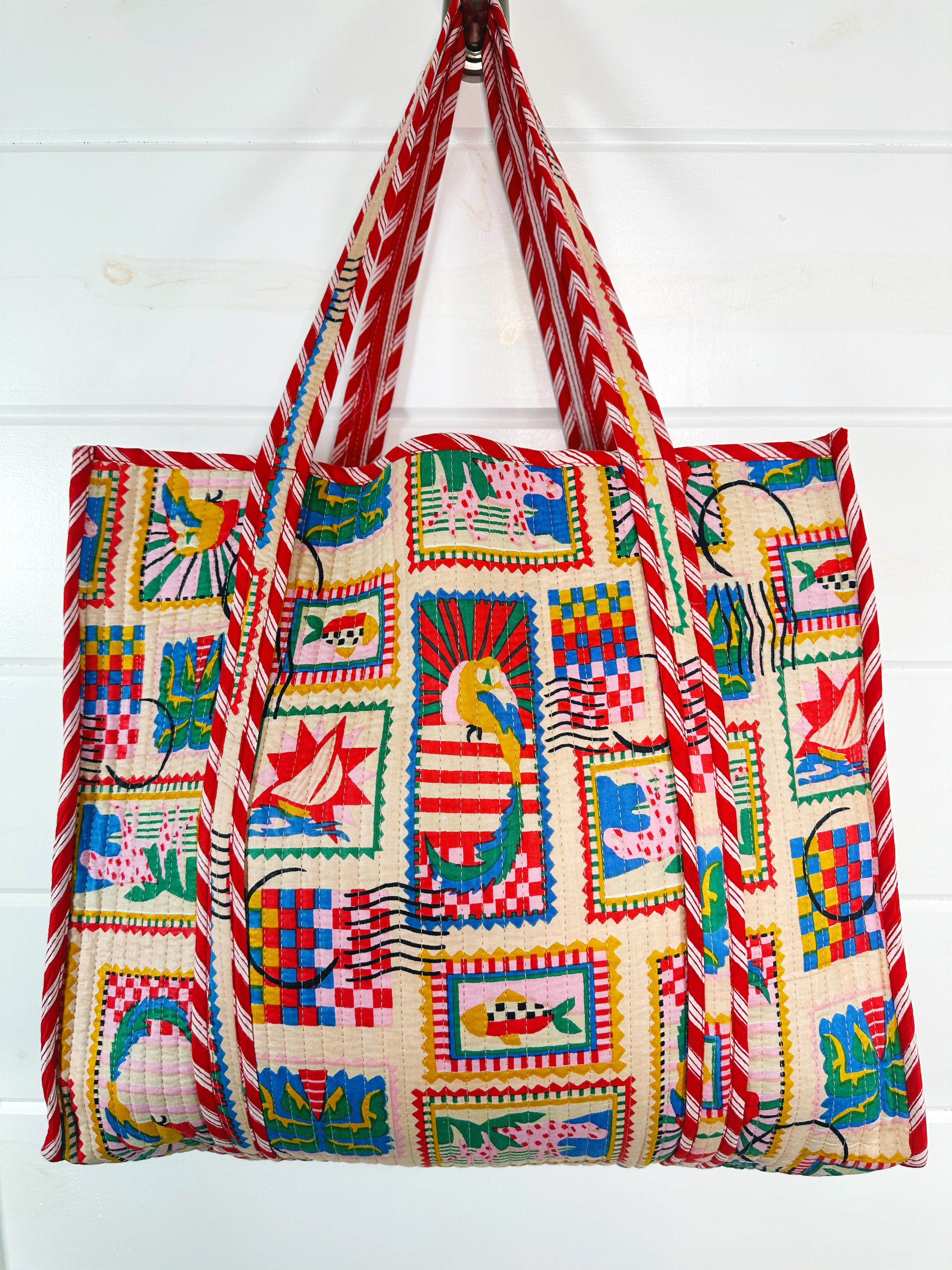 Quilted Cotton Tote Bag - Vacation Stamps