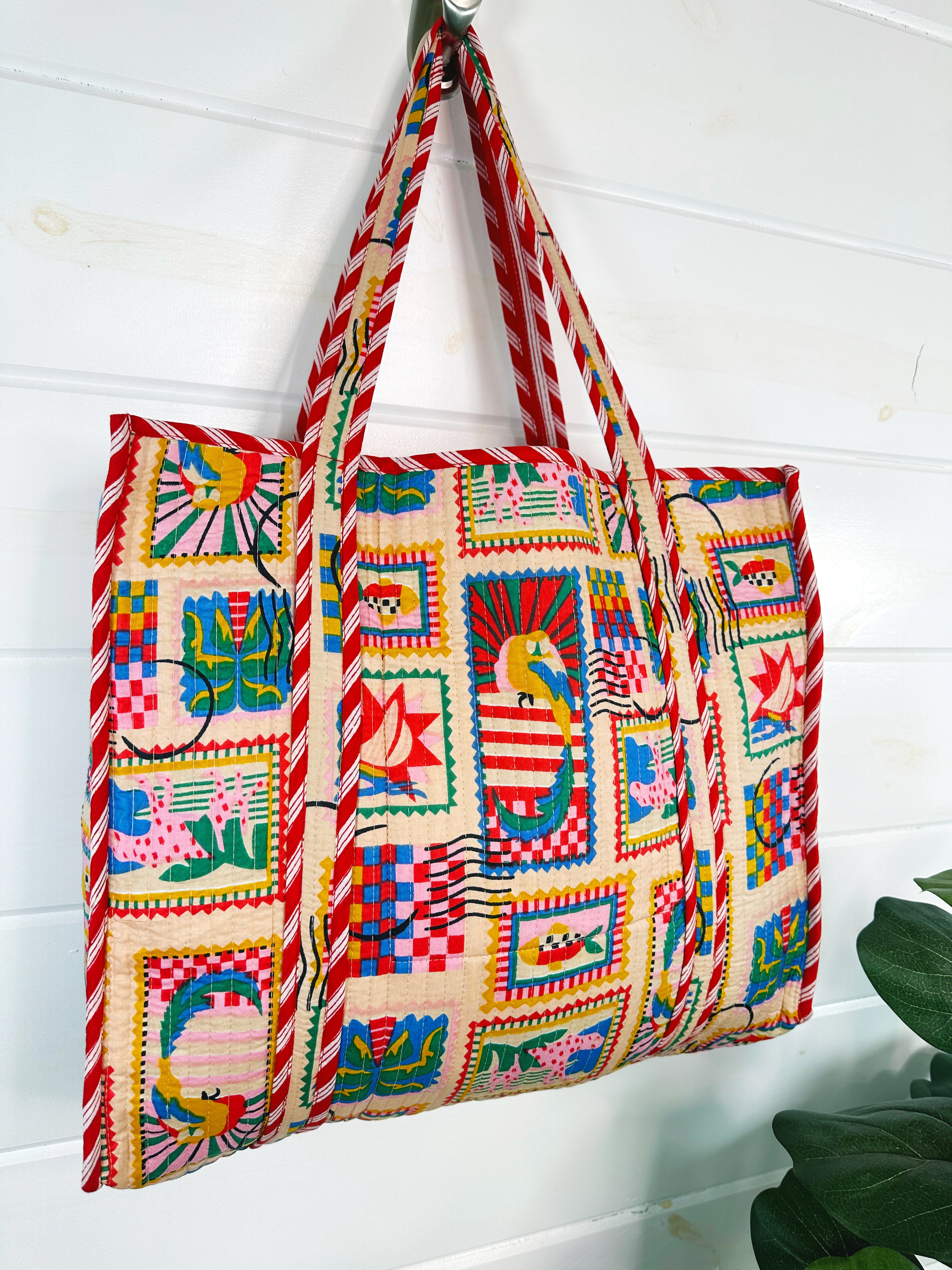 Quilted Cotton Tote Bag - Vacation Stamps