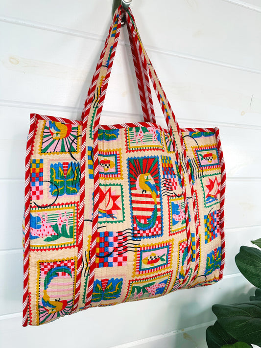 Vacation Stamps Quilted Cotton Tote Bag